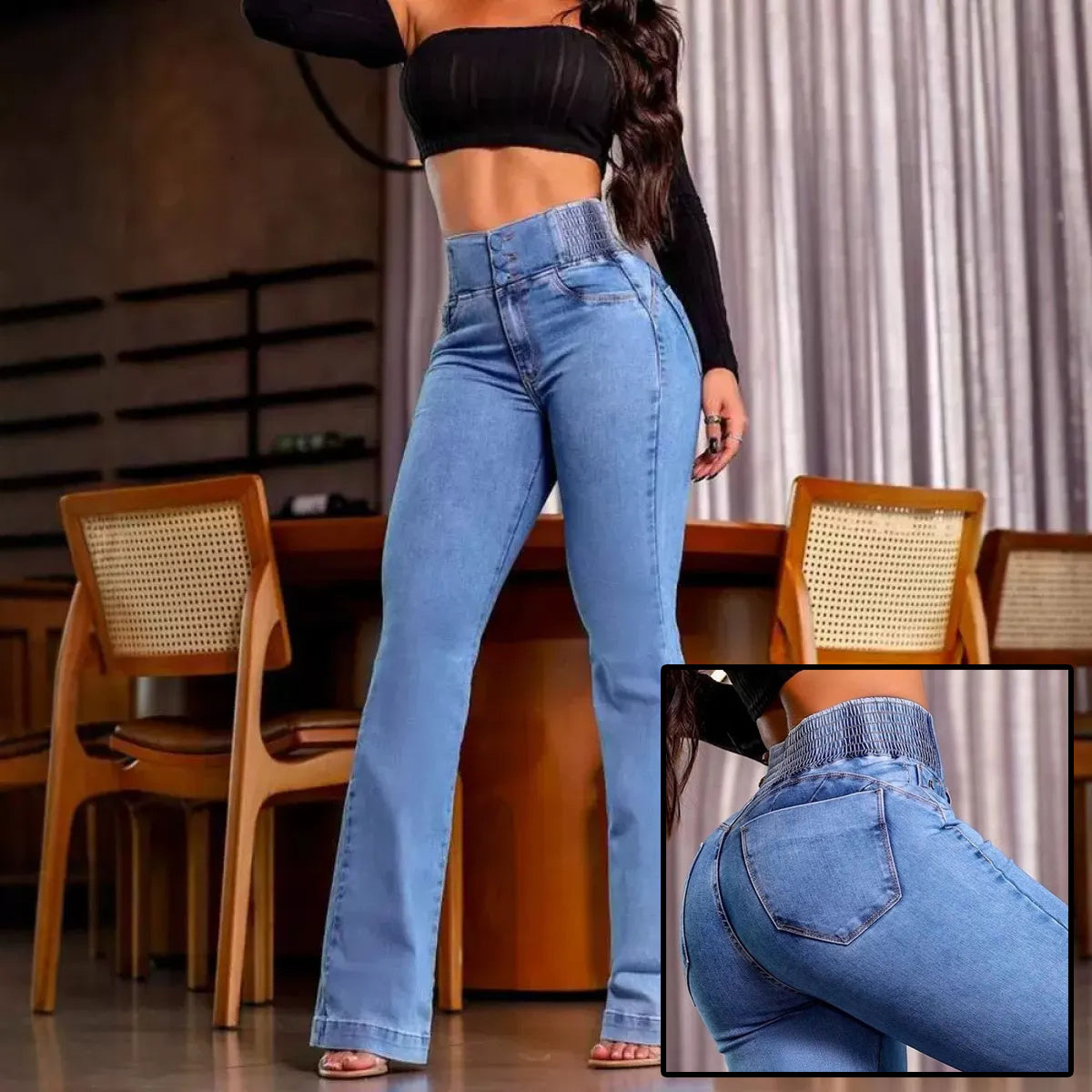 Jean taille haute sexy et élégant avec boutons froncés au dos.