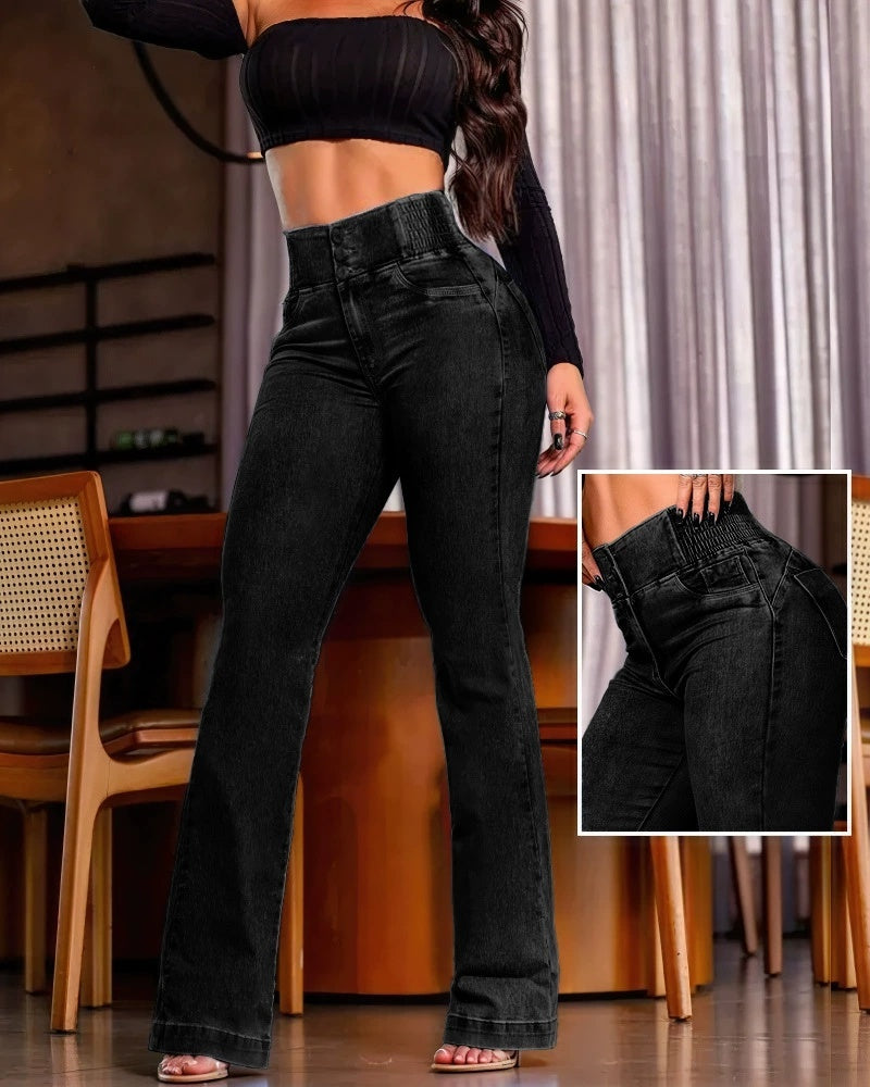 Jean taille haute sexy et élégant avec boutons froncés au dos.