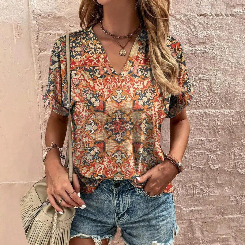 T-shirt décontracté à manches courtes et imprimé à motifs, ample et confortable