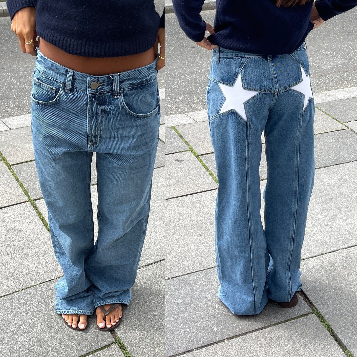 Jean rétro à cinq poches avec dos en étoile et patchwork.