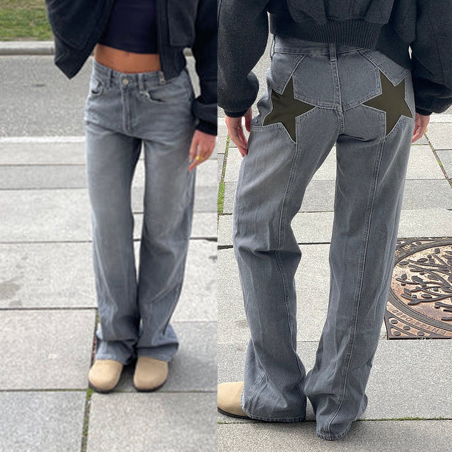 Jean rétro à cinq poches avec dos en étoile et patchwork.