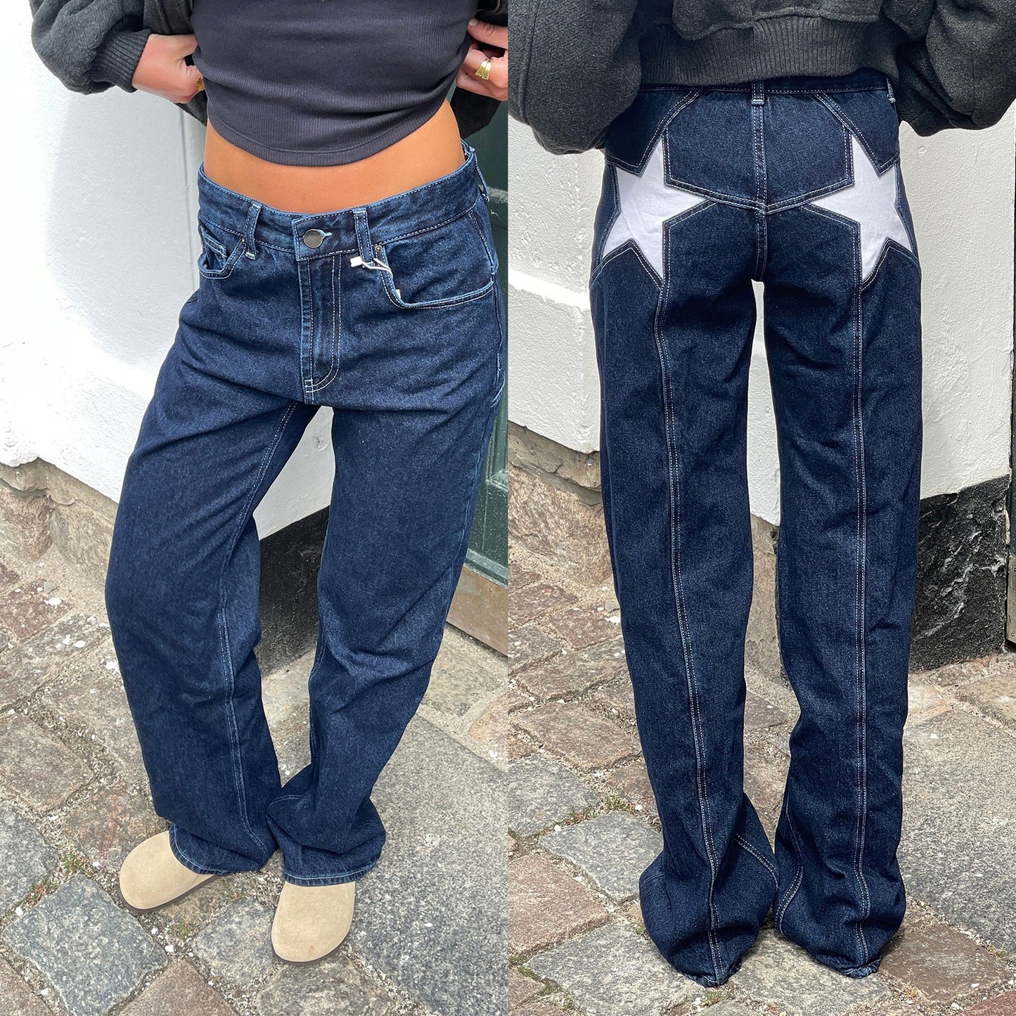 Jean rétro à cinq poches avec dos en étoile et patchwork.