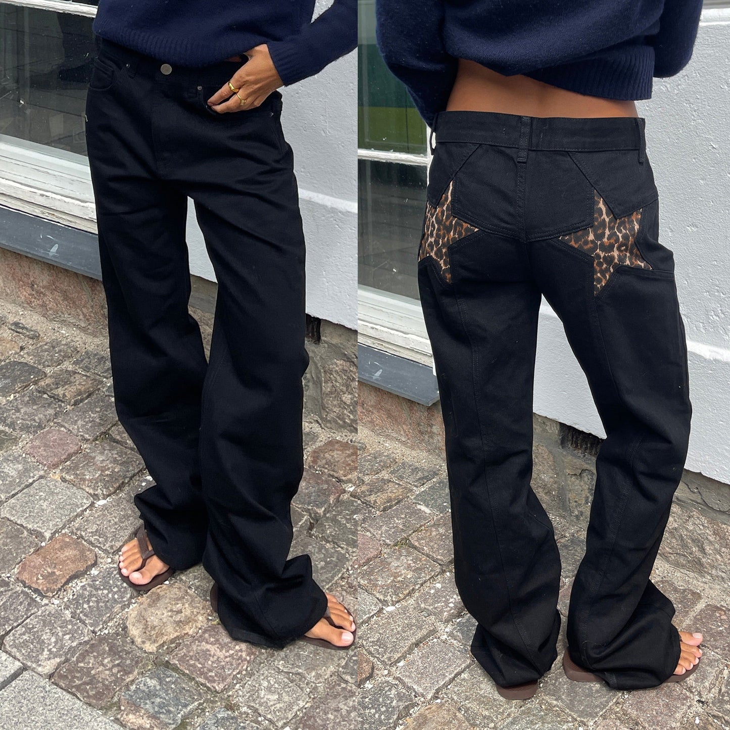 Jean rétro à cinq poches avec dos en étoile et patchwork.
