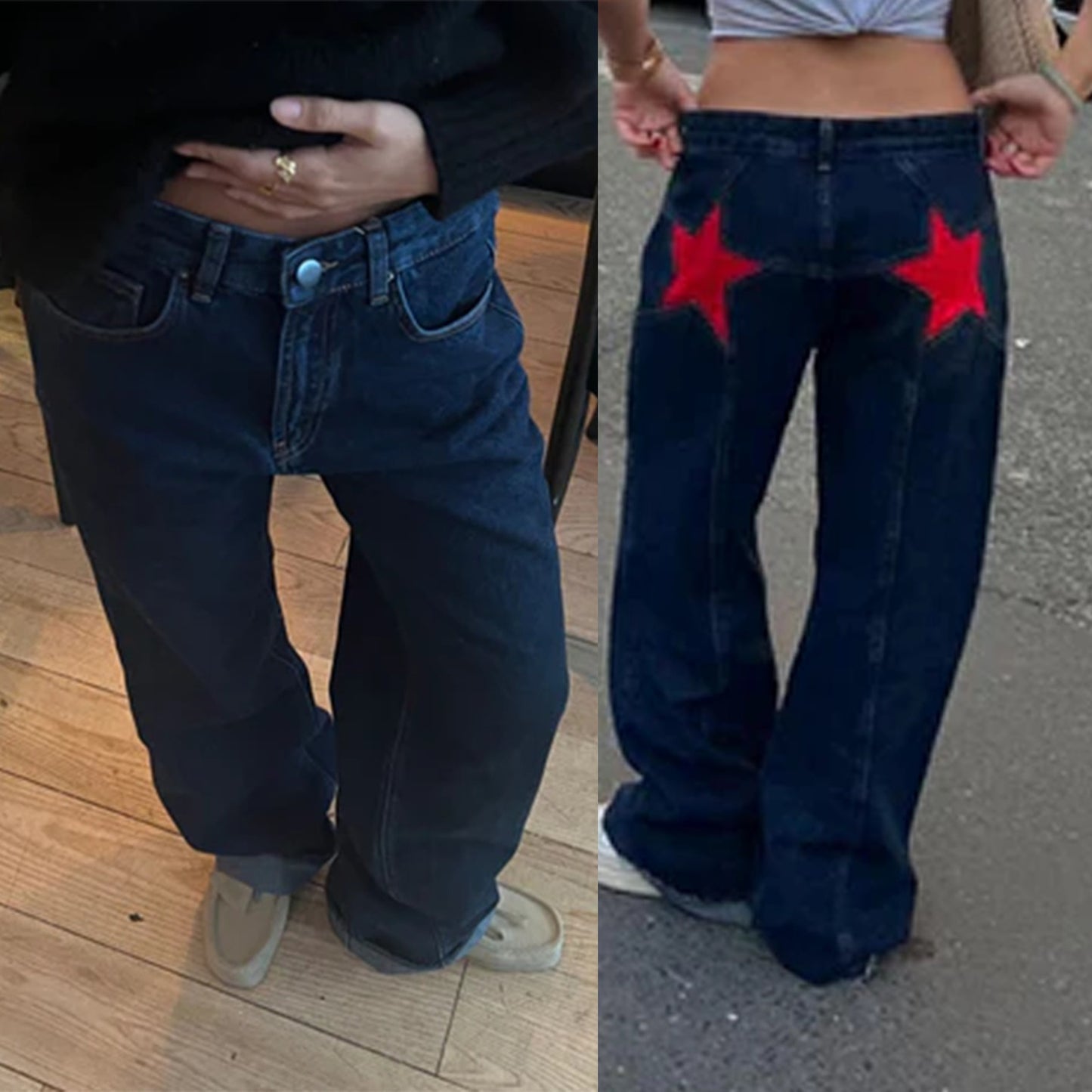 Jean rétro à cinq poches avec dos en étoile et patchwork.