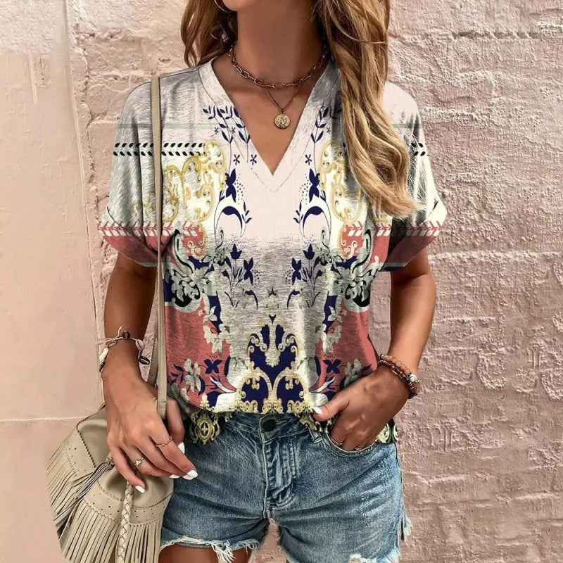 T-shirt décontracté à manches courtes et imprimé à motifs, ample et confortable