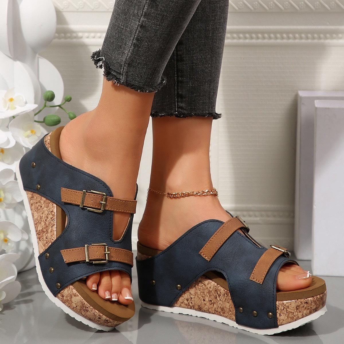 Chaussures compensées à bout ouvert pour femmes, grande taille
