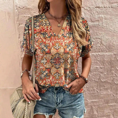 T-shirt décontracté à manches courtes et imprimé à motifs, ample et confortable